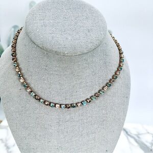 Vintage Rhinestone Tennis Necklace Blue and Clear Choker Delicate Detail…